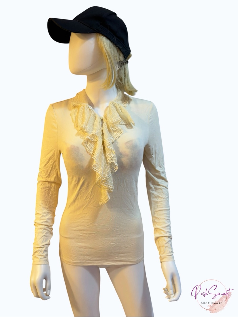 Lauren Ralph Lauren Lace Ruffle Trim Long Sleeve Top Cream Ivory | Size S